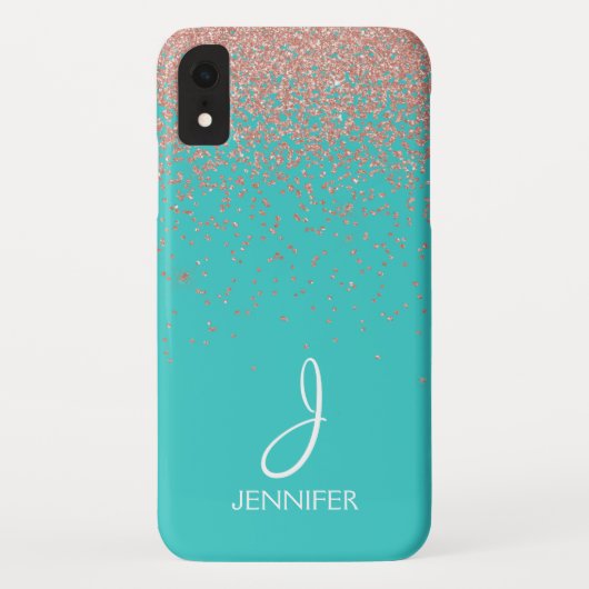 Rose Gold Glitzer und Aquamarin Monogramm Case-Mate iPhone Hülle (Rückseite)