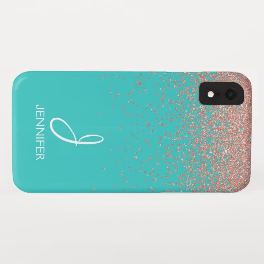 Rose Gold Glitzer und Aquamarin Monogramm Case-Mate iPhone Hülle (Rückseite (Horizontal))