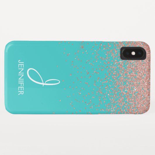 Rose Gold Glitzer und Aquamarin Monogramm Case-Mate iPhone Hülle (Rückseite (Horizontal))