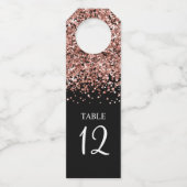 Rose Gold Glitzer und Black Glam Tischnummer Flaschenanhänger (Vorderseite)