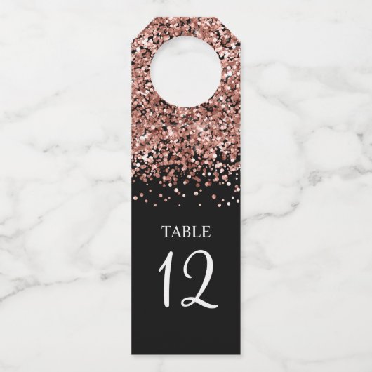 Rose Gold Glitzer und Black Glam Tischnummer Flaschenanhänger (Vorderseite)