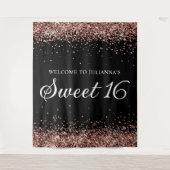 Rose Gold Glitzer und Black Sweet 16 Willkommen Wandteppich (Vorderseite)