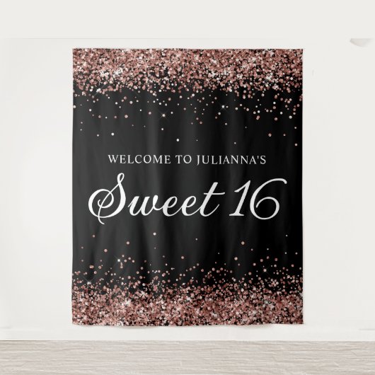 Rose Gold Glitzer und Black Sweet 16 Willkommen Wandteppich (Vorderseite)