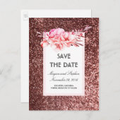 Rose Gold Glitzer und Blush Blume Save the Date Ankündigungspostkarte (Vorne/Hinten)