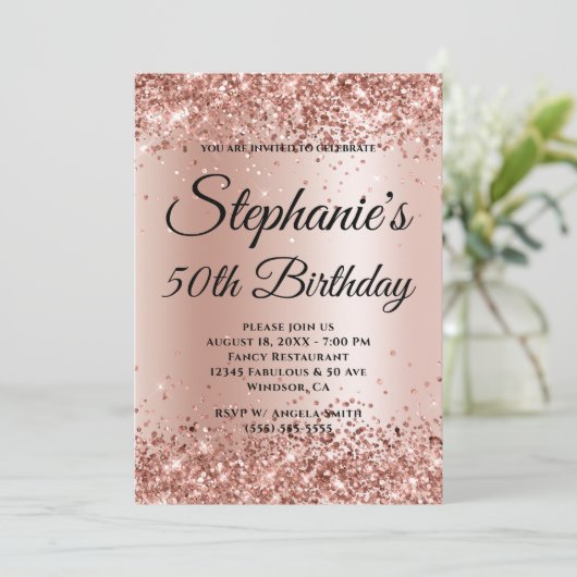 Rose Gold Glitzer und Blush Gradient Einladung (Stehend Vorderseite)