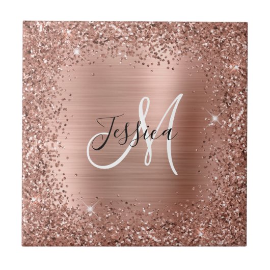 Rose Gold Glitzer und Foil Girly Glam Monogram Fliese (Vorderseite)