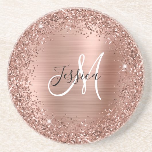 Rose Gold Glitzer und Foil Girly Glam Monogram Getränkeuntersetzer (Vorne)