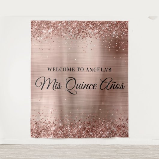 Rose Gold Glitzer und Foil Mis Quince Años Willkom Wandteppich (Vorderseite)