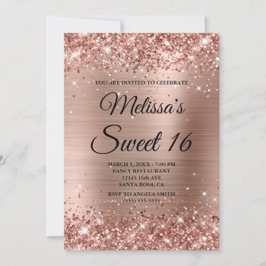 Rose Gold Glitzer und Folie Sweet 16 Extravagant M Einladung (Vorderseite)