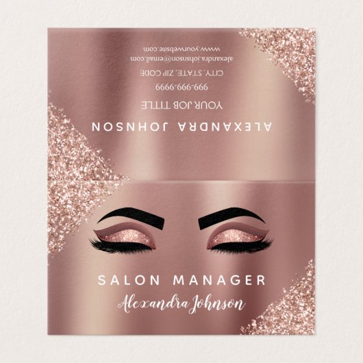 Rose Gold Glitzer und Sparkle Eyelash Extension Visitenkarten (Außenseite Aufgefaltet)