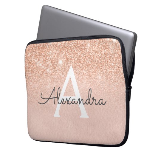Rose Gold-Glitzer und Sparkle-Monogramm Laptopschutzhülle (Vorderseite Links)