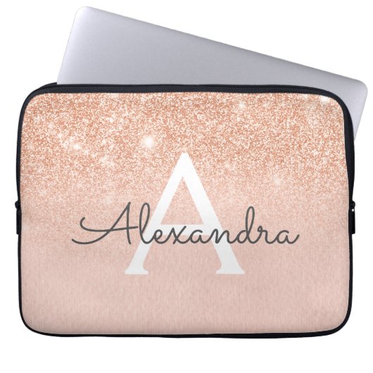 Rose Gold-Glitzer und Sparkle-Monogramm Laptopschutzhülle (Vorderseite)