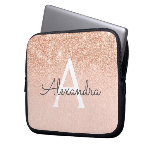 Rose Gold-Glitzer und Sparkle-Monogramm Laptopschutzhülle (Vorderseite Links)