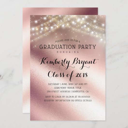 Rose Gold Glitzer und Sring Lights Abschluss Einladung (Vorne/Hinten)