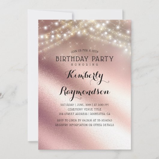 Rose Gold Glitzer und Sring Lights Geburtstag Einladung (Vorderseite)