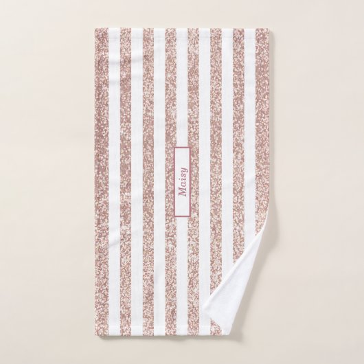 Rose Gold Glitzer und Weiß Streifen Personalisiert Badhandtuch Set (Handtuch)