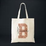 Rose Gold Glitzer Varsity Letter Monogram B Tragetasche<br><div class="desc">Diese wunderschöne und moderne Rose Gold Glitzer Uni Buchstabe B ist der perfekte Hintergrund,  um Ihren Namen in trendigem Skript-Schriftart für ein individuelles Design hinzuzufügen. Ideal für Sportarten,  Studentinnenverbindung große Schwestergeschenke,  oder als Brautparty Gunst wird sie für immer lieben. Glitzer Detail ist ein digital simulierter Effekt.</div>