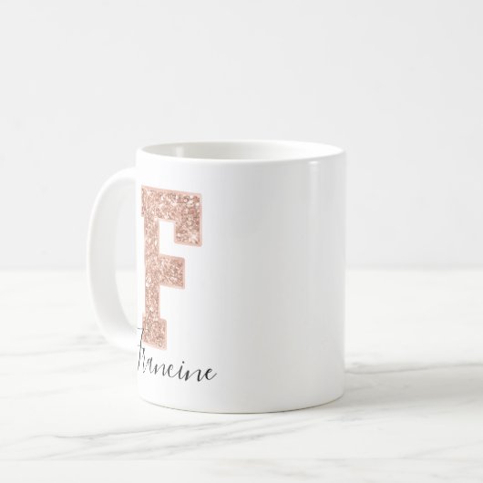 Rose Gold Glitzer Varsity Letter Monogram F Kaffeetasse (Vorderseite Links)