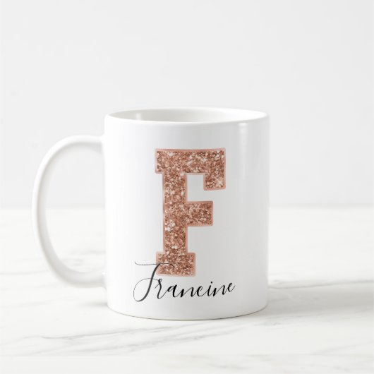 Rose Gold Glitzer Varsity Letter Monogram F Kaffeetasse (Links)