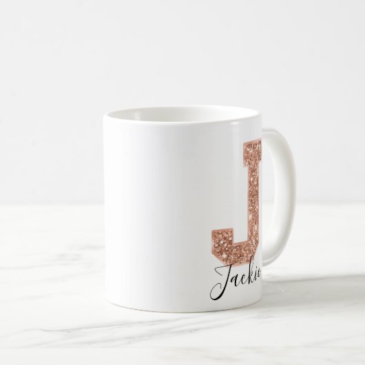 Rose Gold Glitzer Varsity Letter Monogram J Kaffeetasse (VorderseiteRechts)