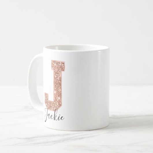 Rose Gold Glitzer Varsity Letter Monogram J Kaffeetasse (Vorderseite Links)