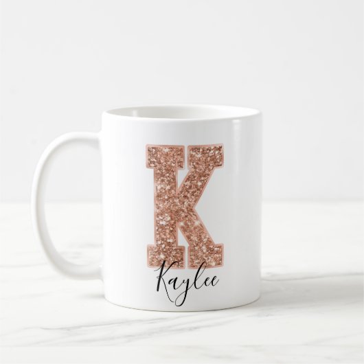 Rose Gold Glitzer Varsity Letter Monogram K Kaffeetasse (Links)