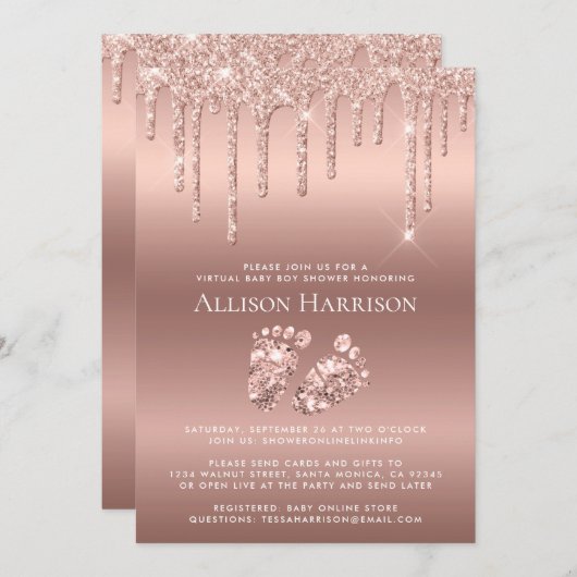 Rose Gold Glitzer Virtual Baby Boy Dusche Einladung (Vorne/Hinten)