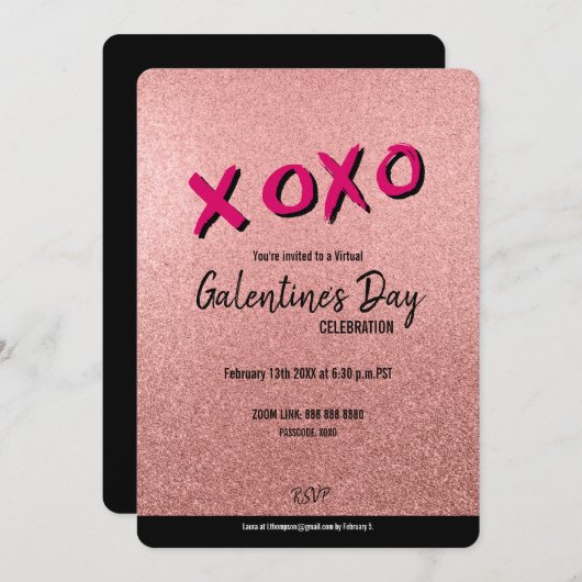 Rose Gold Glitzer Virtual Galentine Einladung (Vorne/Hinten)
