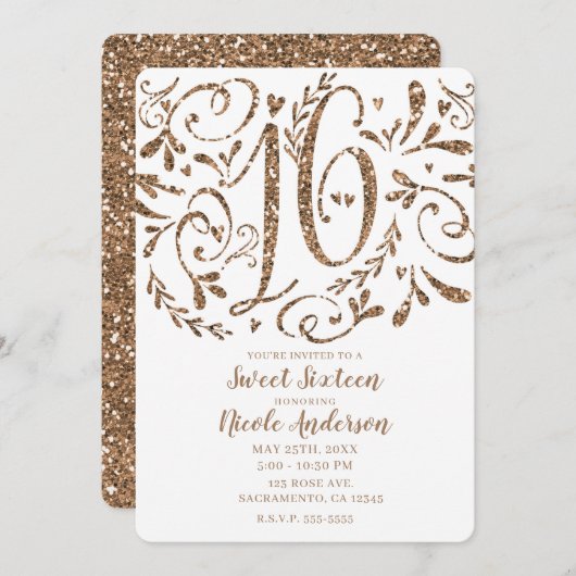 Rose Gold Glitzer Whimsical Lettering Sweet 16 Einladung (Vorne/Hinten)