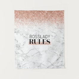 Rose Gold Glitzer White Marble BossLady Rules Logo Wandteppich