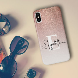 Rose Gold Glitzer White Monogram Black Script Name Case-Mate iPhone Hülle