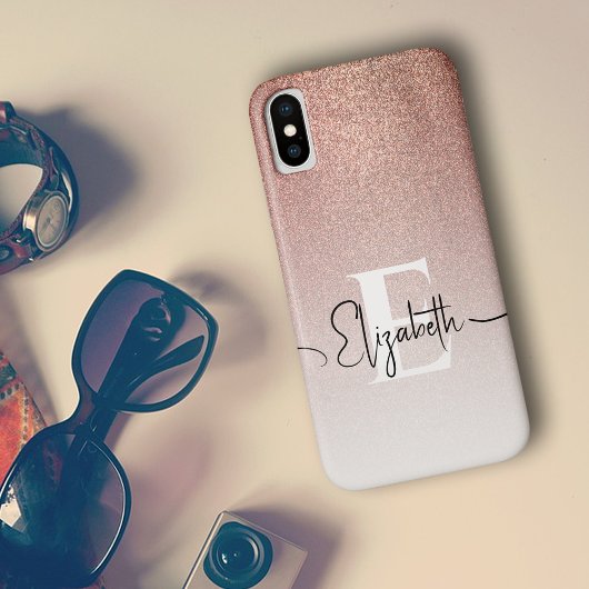 Rose Gold Glitzer White Monogram Black Script Name Case-Mate iPhone Hülle