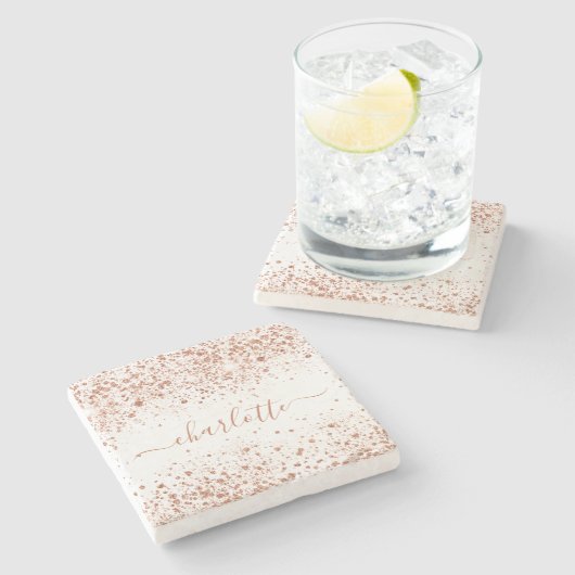 Rose Gold Glitzer White Name Skript Steinuntersetzer (Seitenansicht)