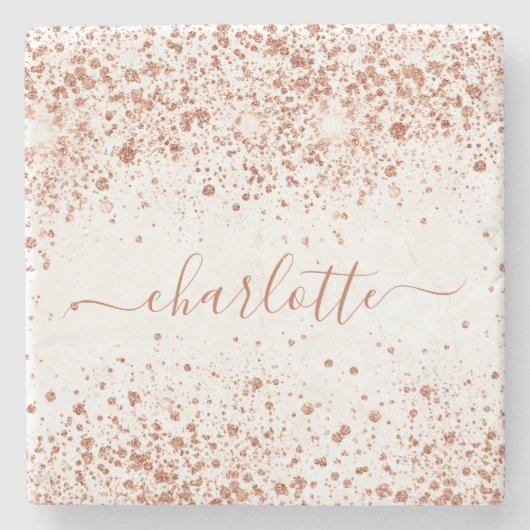 Rose Gold Glitzer White Name Skript Steinuntersetzer (Vorderseite)