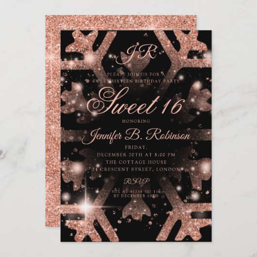 Rose Gold Glitzer Winter Sweet 16 Geburtstag Einladung (Vorne/Hinten)