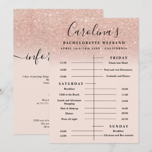 Rose Gold Glitzer Zeitlinie Bachelorette Wochenend Einladung (Vorne/Hinten)