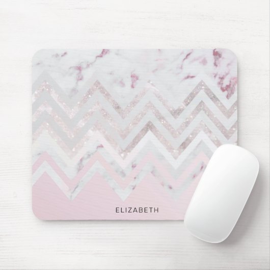 Rose Gold Glitzer Zickzack rosa Marmormonogramm Mousepad (Mit Mouse)