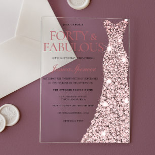 Rose Gold Glitzerkleid 40. Geburtstag Acryleinladungen