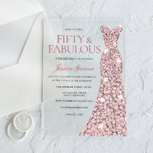 Rose Gold Glitzerkleid 50. Geburtstags-Einladung Acryleinladungen
