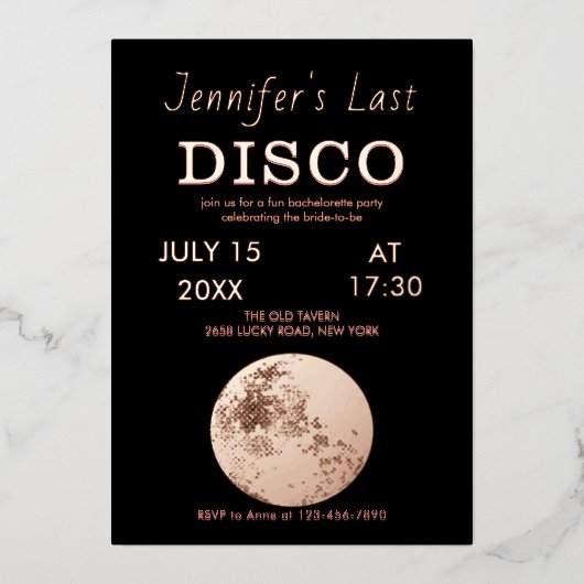 Rose Gold glitzernde Disco Ball Bride letzte Disco Folieneinladung (Vorderseite)