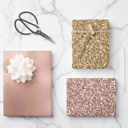 Rose Gold Glitzy Glitter Christmas Tree Geschenkpapier Set (Vorderseite)