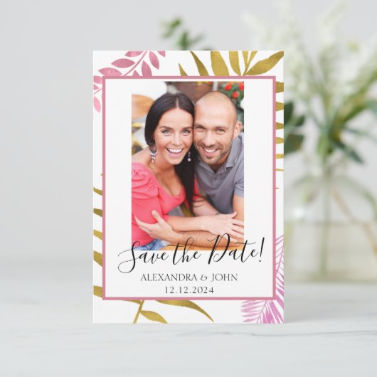Rose Gold & Gold Foil Tropisch Save the Date (Stehend Vorderseite)