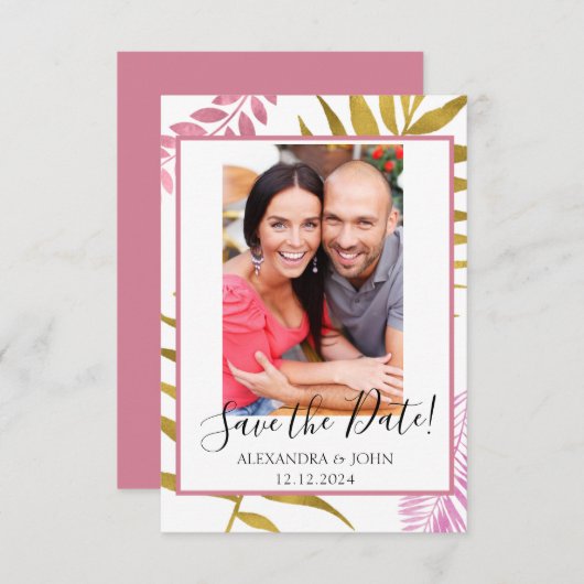 Rose Gold & Gold Foil Tropisch Save the Date (Vorne/Hinten)
