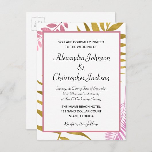 Rose Gold & Gold Foil Tropische Hochzeit Einladung (Vorne/Hinten)