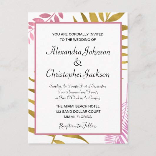 Rose Gold & Gold Foil Tropische Hochzeit Einladung (Vorderseite)