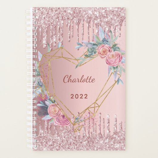 Rose gold gold glitter pink floral monogram 2023 planer (Vorderseite)