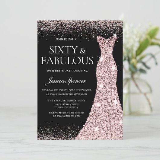 Rose Gold Gown Black Sechzig Fabelhafte 60. Geburt Einladung (Stehend Vorderseite)