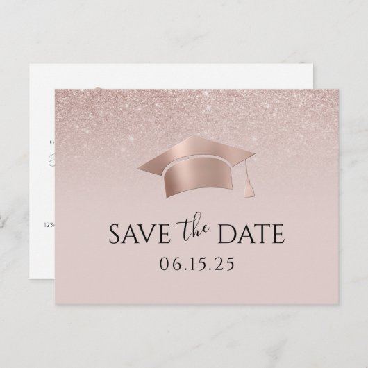 Rose Gold Grad Cap Blush Pink Ombre Abschluss Ankündigungspostkarte (Vorne/Hinten)