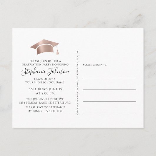 Rose Gold Grad Cap Blush Pink Ombre Abschluss Ankündigungspostkarte (Rückseite)
