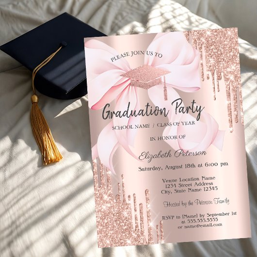 Rose Gold Grad Cap Drips Bow Photo Graduation Einladung